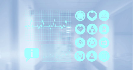 Composition of heart rate monitor and network of medical icons over hospital. global online medicine...