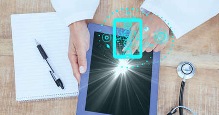 Composition of screen with medical data over female doctor using tablet. global online medicine and...