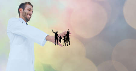 Composition of male doctor touching virtual screen with people illustration and copy space. global online medicine and technology concept digitally generated image.の写真素材
