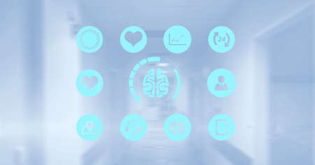 Composition of network of medical icons over hospital. global online medicine and technology concept digitally generated image.の写真素材