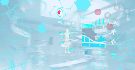 Composition of network of medical icons over hospital. global online medicine and technology concept...