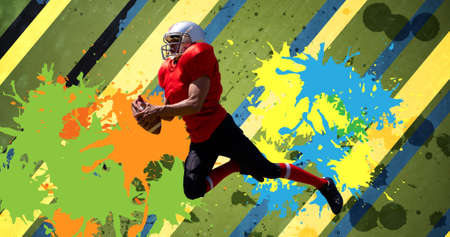 Composition of american football player with ball over colourful splodges and stripes. sports event...