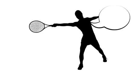 Composition of silhouette of tennis player and speech bubble with copy space. sport event and competition concept digitally generated image.の写真素材
