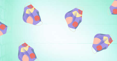 Composition of patterned purple face masks on green background. global coronavirus pandemic,...