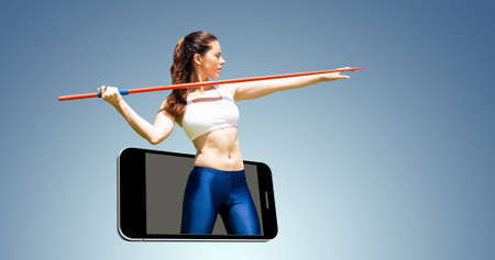 Composition of athletic woman with javelin over smartphone on blue background. sport, fitness and...