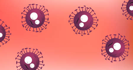 Composition of red covid 19 cells with eyes on red background. global coronavirus pandemic, medicine and healthcare concept digitally generated image.の写真素材