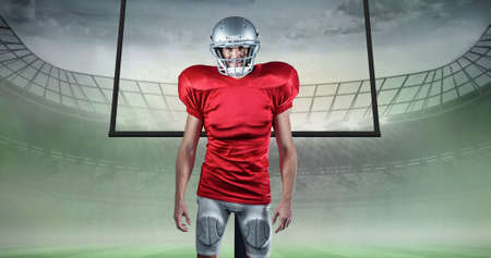 Composition of male rugby player over rugby field. sport, fitness and active lifestyle concept digitally generated image.の写真素材