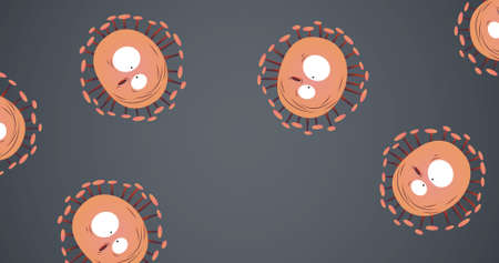 Composition of orange covid 19 cells icons with eyes on grey background. global coronavirus...