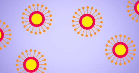 Composition of yellow and orange covid 19 cells on purple background. global coronavirus pandemic,...