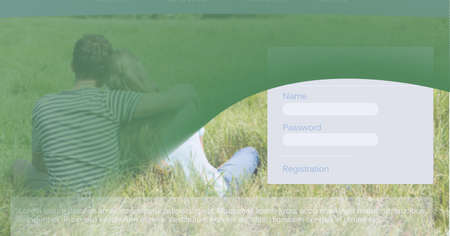 Online dating website digital interface against rear view of caucasian couple sitting on the grass....