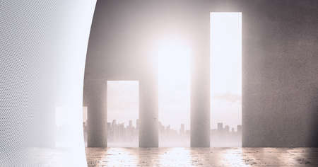 Statistical data processing and spot of light over cityscape against technology background. business...