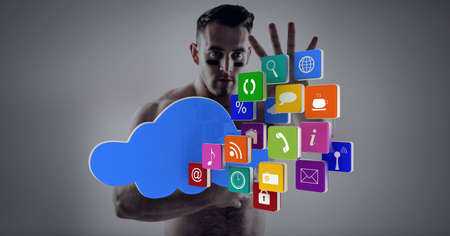 Cloud and multiple digital icons against shirtless man man gesturing stop sign. business technology...