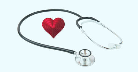 Composition of red heart and stethoscope with copy space on white background. medicine, health and...