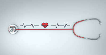 Composition of red heart with monitor and stethoscope with copy space on white background. medicine,...