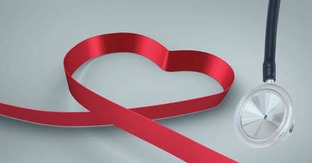 Composition of red ribbon heart and stethoscope with copy space on white background. medicine, health and healthcare services concept digitally generated image.の写真素材