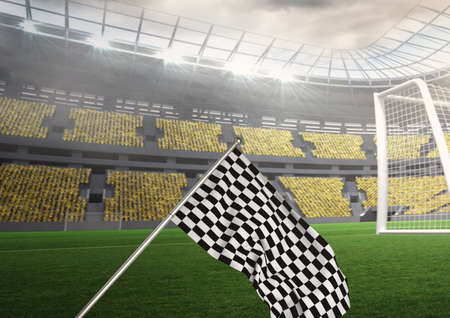 Black and white race flag on the pitch in a stadium with empty goal. digitally generated imageの写真素材