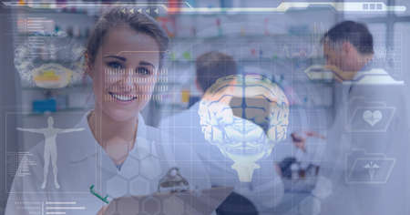 Medical screen over smiling pharmacist and drugstore background, technology and medicine concepts....