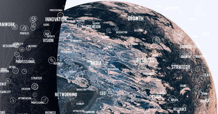 Composition of globe with business text and icons on white and grey background. global business,...