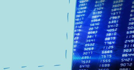 Digitally generated image of green banner over data processing against blue background. computer...