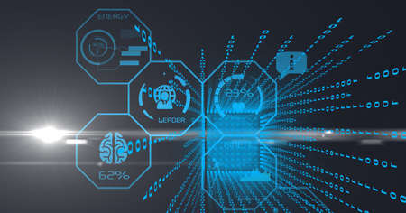 Composition of blue scientific digital icons and binary coding. global science and digital interface...