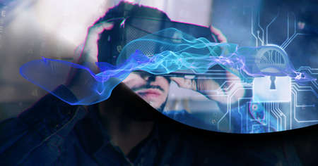 Composition of blue light trails and online security padlock over man wearing vr headset. global...