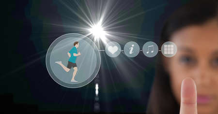 Composition of woman touching screen with sports digital icons. sport, digital interface, technology...