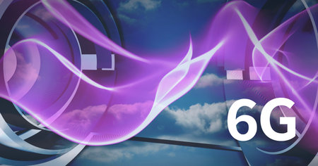 Composition of 6g text over network of glowing purple light trails and scopes. global networks and technology concept digitally generated image.の写真素材