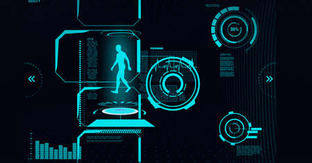 Composition of scope scanning, human and medical data processing on screens on black background....