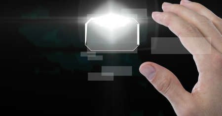 Composition of man touching digital screen with copy space. digital interface, technology and communication concept digitally generated image.の写真素材