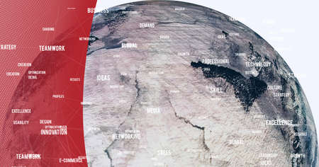 Composition of globe with business text and network of connections on white and red background. global business, connections and technology concept digitally generated image.の写真素材