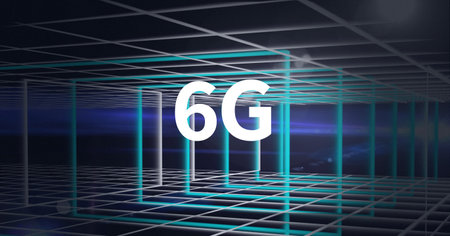 Composition of6g text over blue and white 3d construction and light trails. global networks, technology, digital interface and communication concept digitally generated image.の写真素材