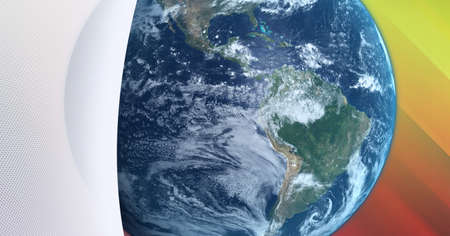 Composition of globe over yellow stripes in background. global technology and connections concept digitally generated image.の写真素材