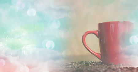 Composition of red cup of coffee with coffee beans over wooden surface with copy space. drink and caffeine concept digitally generated image.の写真素材
