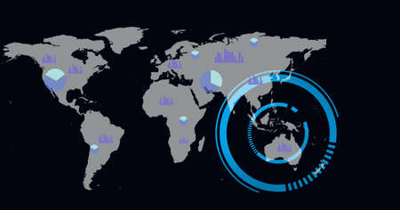 Composition of scope scanning and statistics over world map. global business, technology and digital interface concept digitally generated image.の写真素材