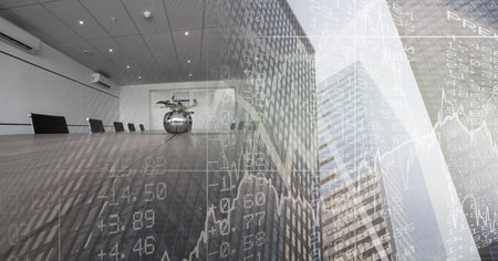 Composition of empty conference room with financial data processing over modern cityscape. global business and finance concept digitally generated image.の写真素材
