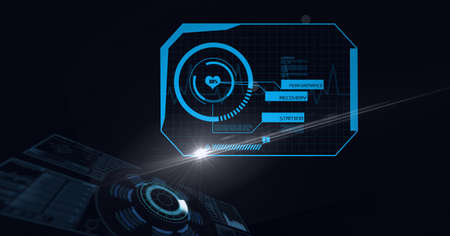 Composition of scope scanning and human heart and scientific data processing on screen. global...