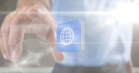 Composition of businessman touching screen with digital globe icon. business, technology, digital interface and communication concept digitally generated image.の写真素材