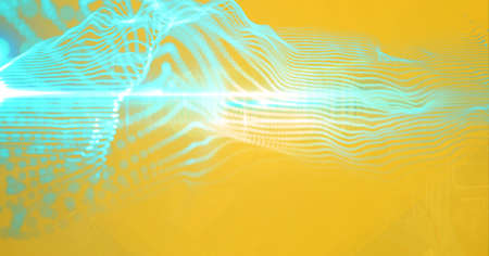 Composition of blue light trails of information on yellow background. global online security,...