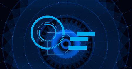 Composition of blue scope scanning over blue circles. global data processing, networking, business...
