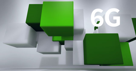 Composition of 6g text over multiple green and white cubes in background. global networking,...