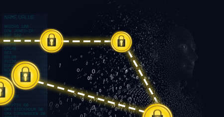 Composition of network of digital padlock security icons over data and human bust. global business,...