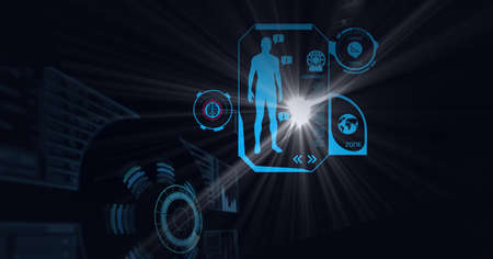 Composition of scope scanning and human body and scientific data processing on screen. global...