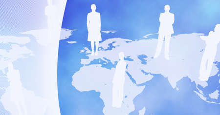 Composition of network of people's silhouettes over world map on blue background. global...