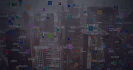 Composition of network of digital icons over cityscape. global business, technology, connections and...