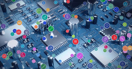 Composition of network of digital icons over computer processor. global business, technology,...