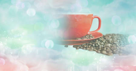 Composition of red cup and saucer with coffee beans with copy space. drink and caffeine concept digitally generated image.の写真素材