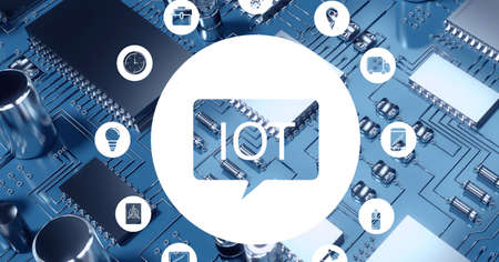 Composition of iot text and network of digital icons over computer processor. global internet of things, business, technology, connections and networking concept digitally generated image.の写真素材