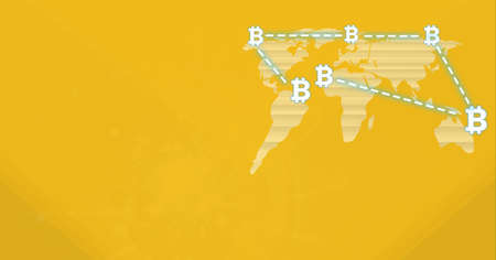 Composition of bitcoin symbols over connections and world map on yellow background. global cryptocurrency, business and connections concept digitally generated image.の写真素材