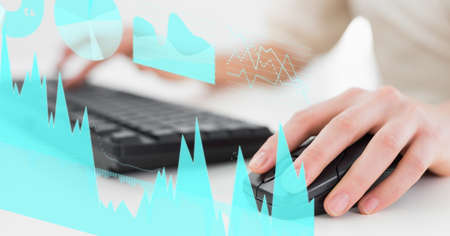 Composition of digital data processing over woman using mouse and keyboard. global business and...