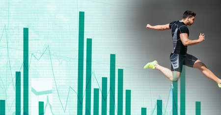 Composition of male athlete hurdle jumping with statistics and data processing. sports and...